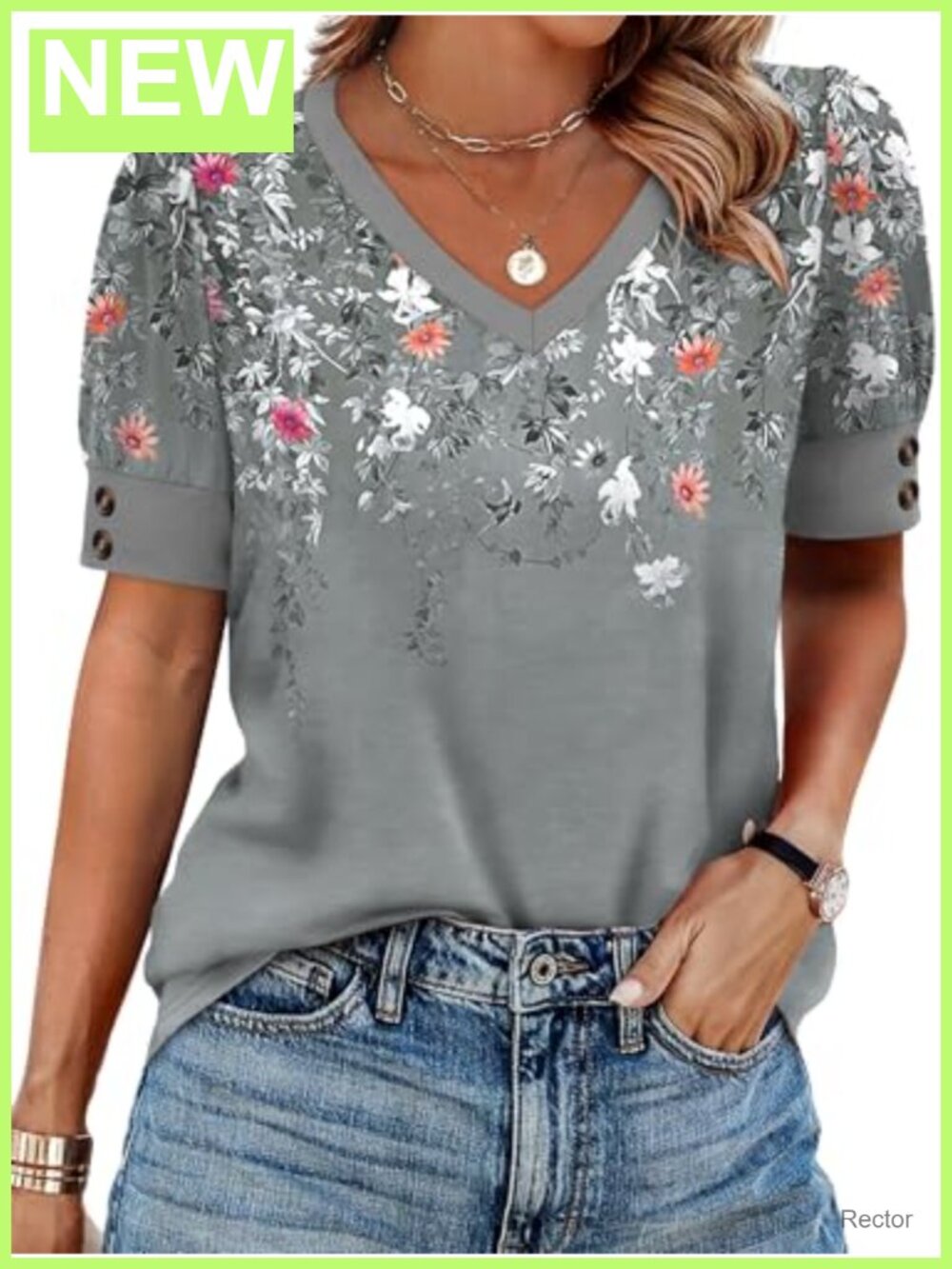 Women's Floral V-Neck Short Sleeve Button Blouse Loose Fit Casual Top